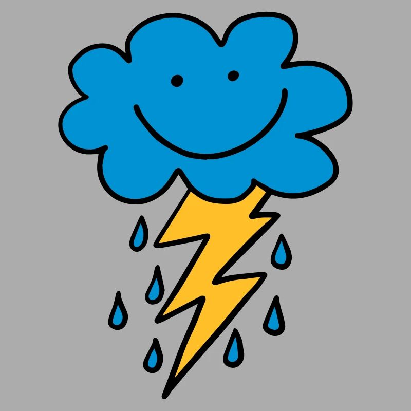 Funny cloud with flash, raindrops, comic, emoji