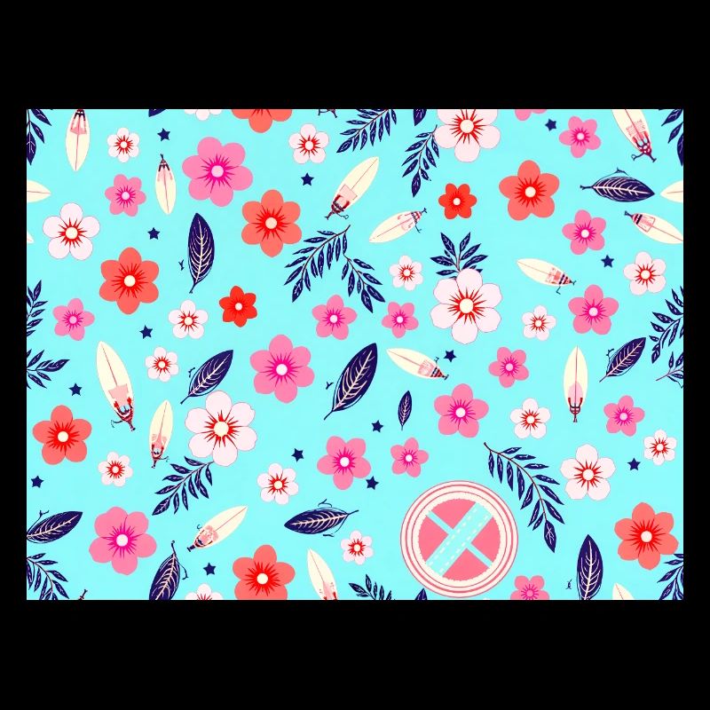 Floral pattern with surfboards on sky blue
