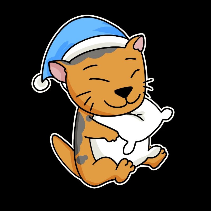 Sleeping Tired - Cat with Pillow and Sleepy Cap