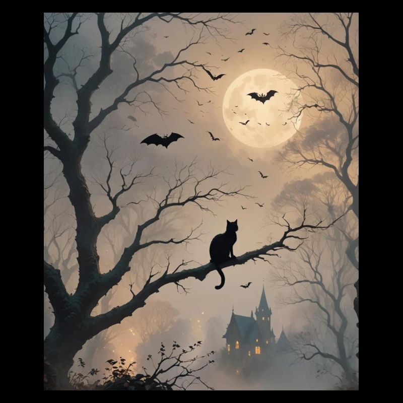 Silhouette de chat noir d’Halloween et chauves-souris