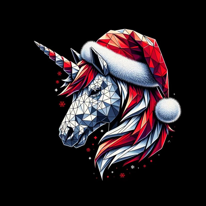 Polygon Kunst - Einhorn mit Weihnachtsmütze