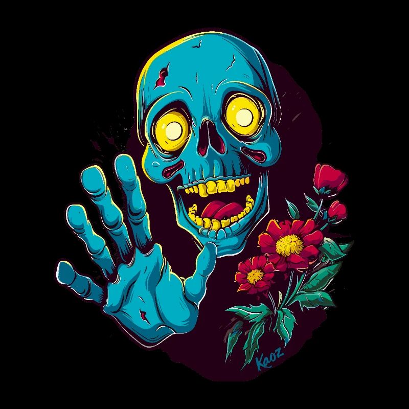 Funny skull with flowers greets: Hello!
