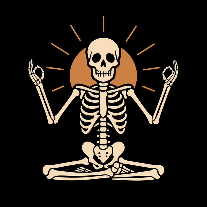 Meditating skeleton with sun circle