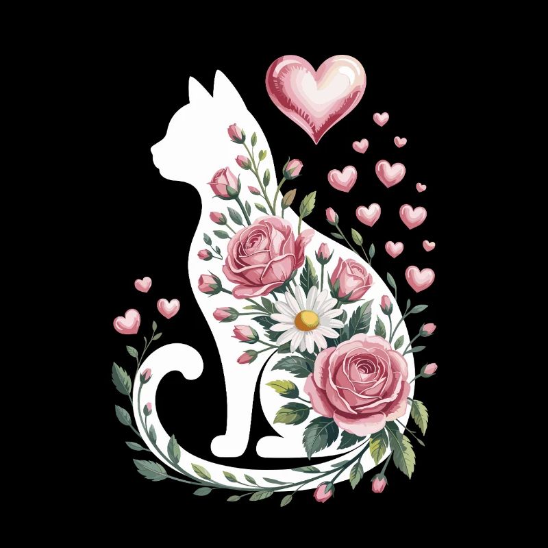 Fleur Chat Silhouette Roses Coeurs