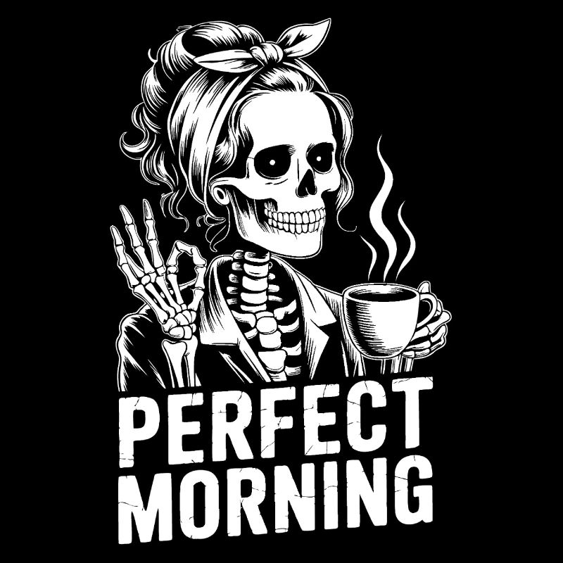 Perfekter Morgen mit Kaffee Skelett mit Kaffeepot