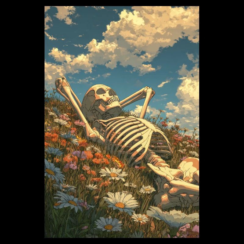 Squelette relaxant dans un champ de fleurs
