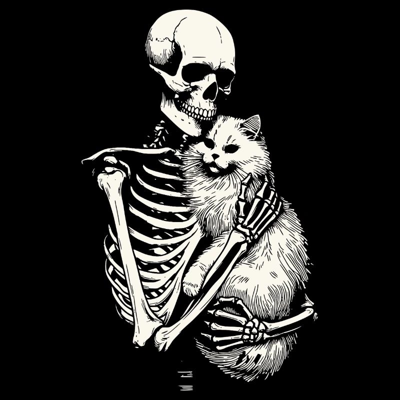 Skeleton hugging cat