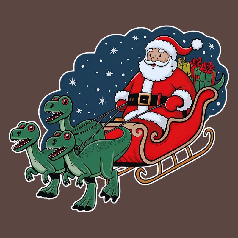 Santa Claus riding a sleigh pulled by dinosaurs