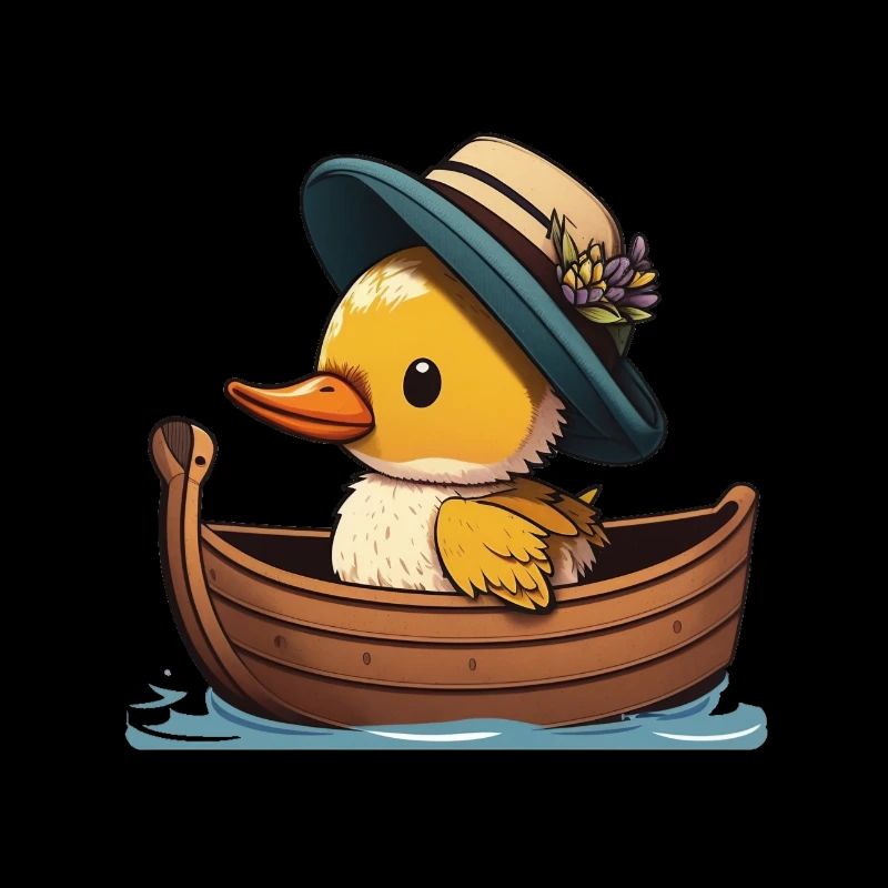 Canard mignon en bateau à rames avec chapeau d’été et fleur