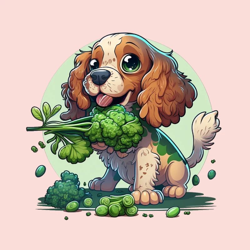 Cute dog eats broccoli vegetables
