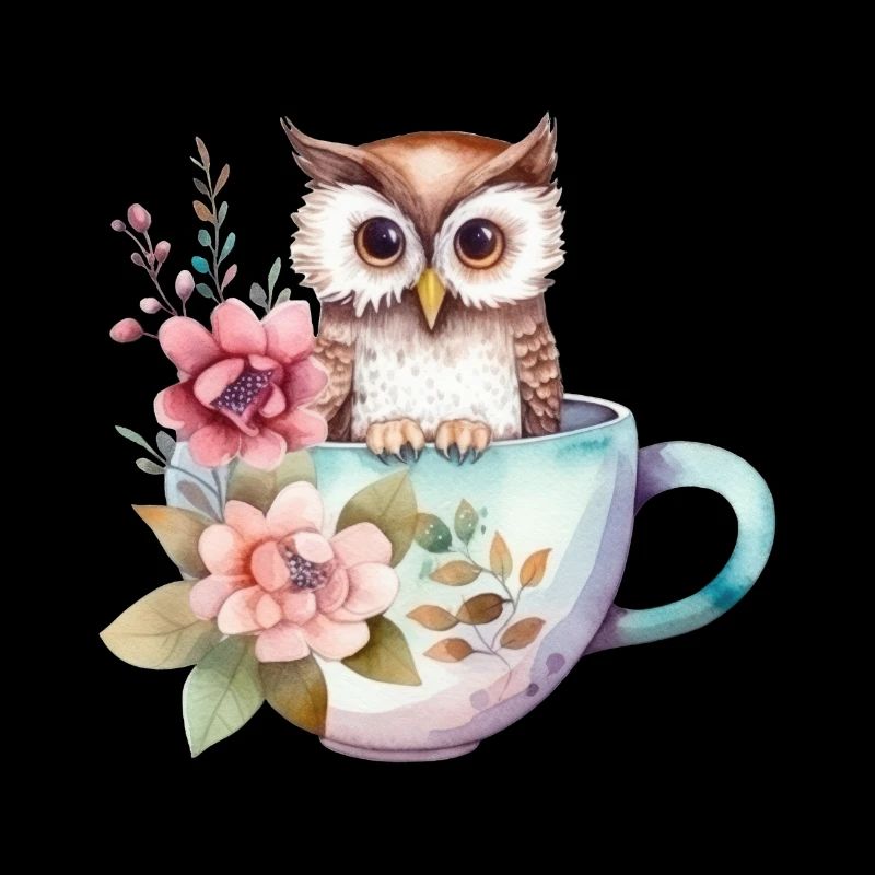 Niedliche Eule mit Blumen in einer Kaffee-Tasse