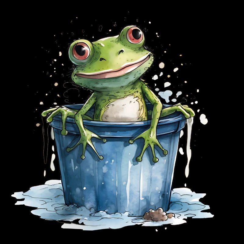 La grenouille lave et refroidit dans le seau d’eau