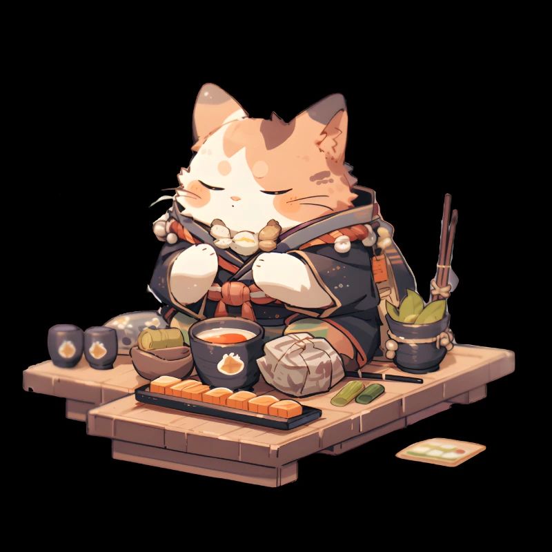 Chat samouraï manger des Ramen