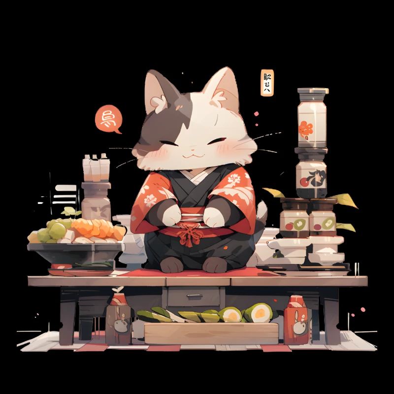 Chat samouraï mange des sushis