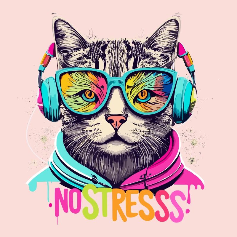 Chat avec des écouteurs Drôle de dicton NO STRESS