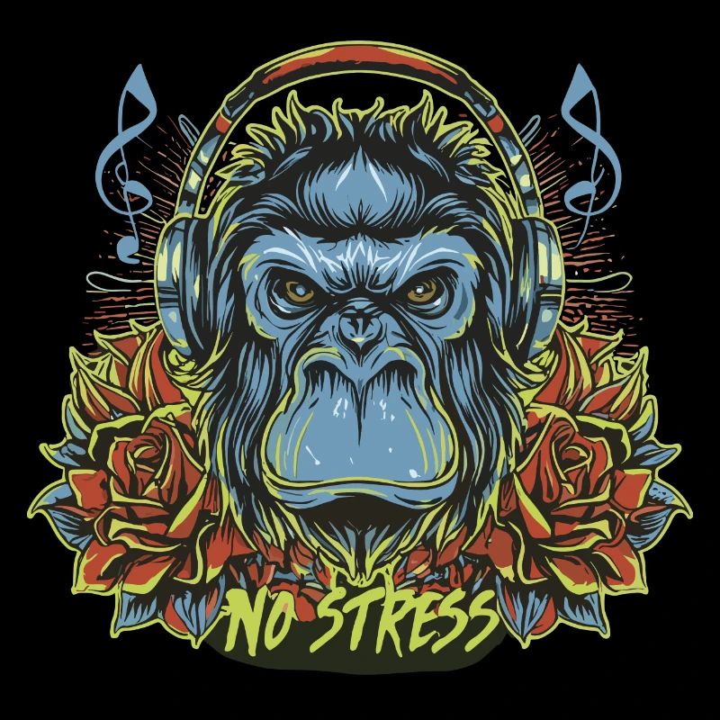 Gorilla mit Kopfhörer Lustiger Spruch NO STRESS