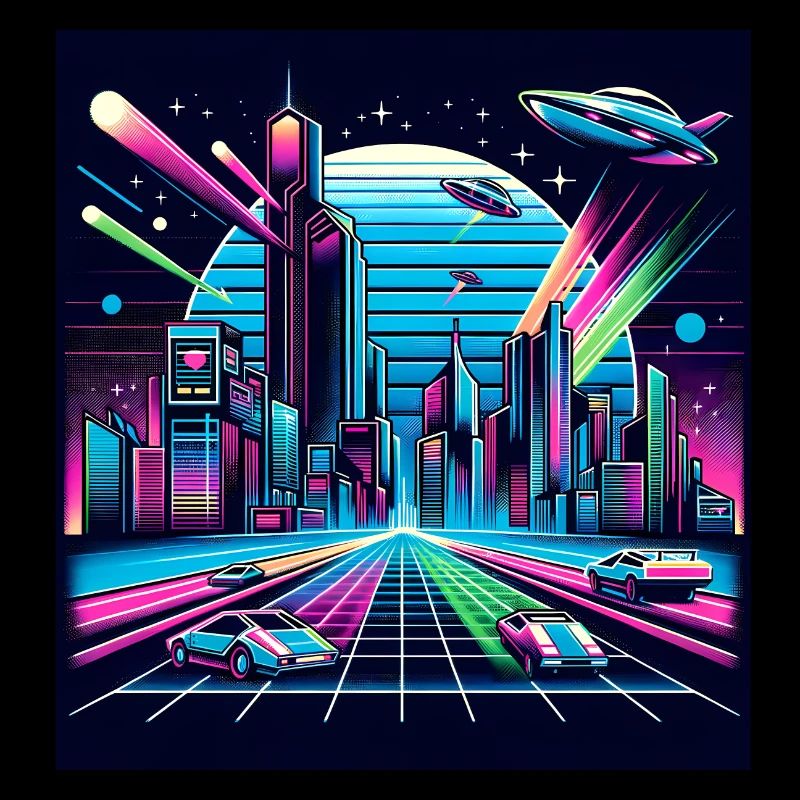 Synthwave Stadt mit UFOs