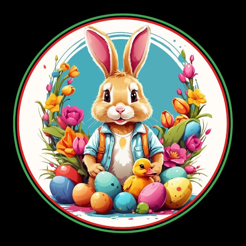 Cute easter bunny in easter basket with little chick