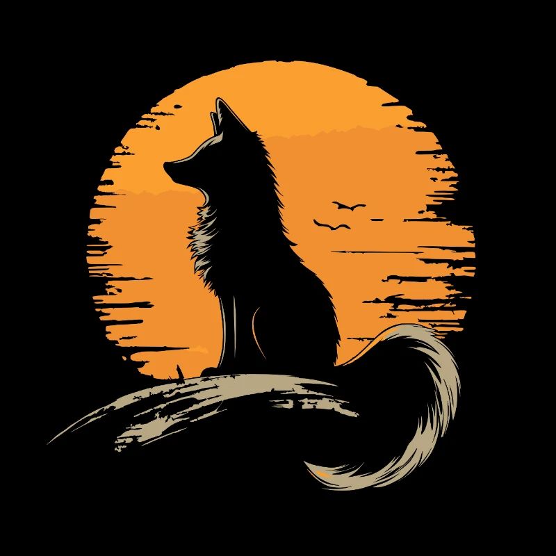Silhouette de renard assis devant un soleil