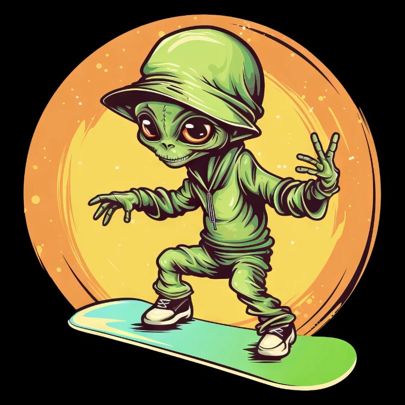 Alien sur le skateboard spatial au coucher du soleil