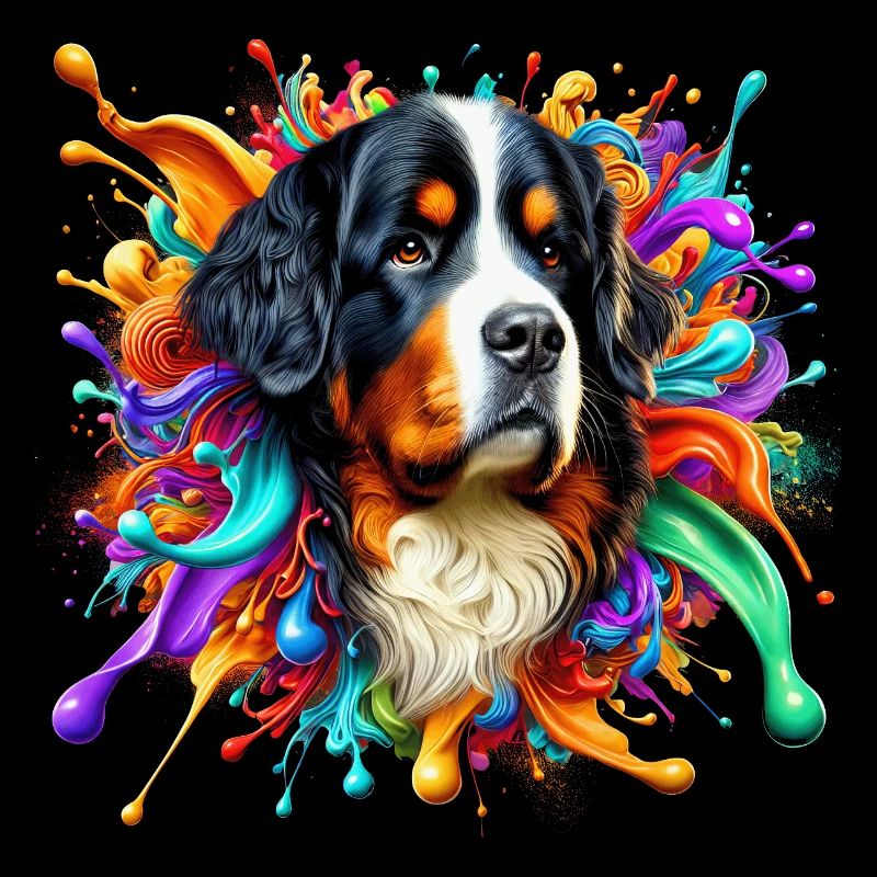 Berner Sennenhund mit bunten Farbklecksen