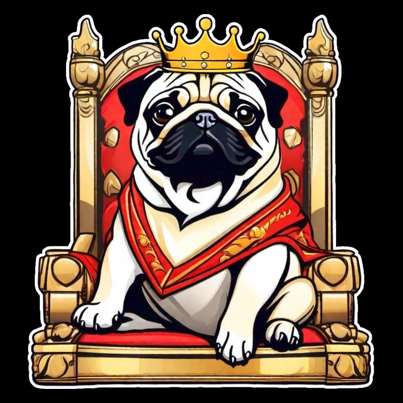 Cute royal pug with crown and throne