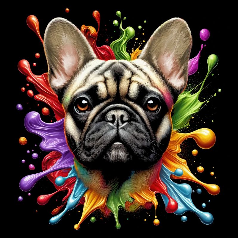 Bouledogue français avec des éclaboussures de peinture colorées