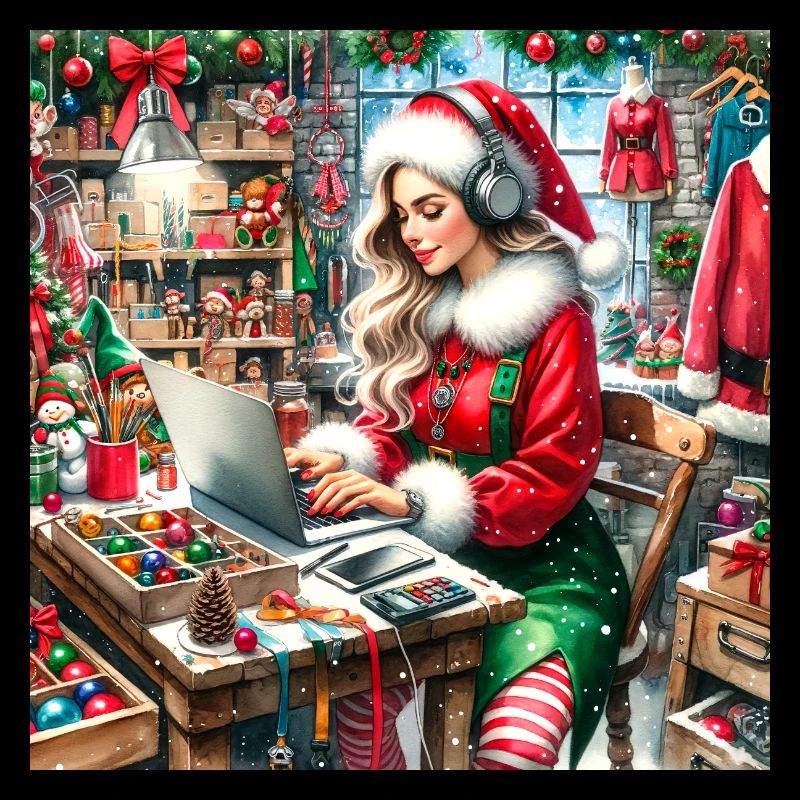Beautiful Elf with Santa Claus in his Workshop