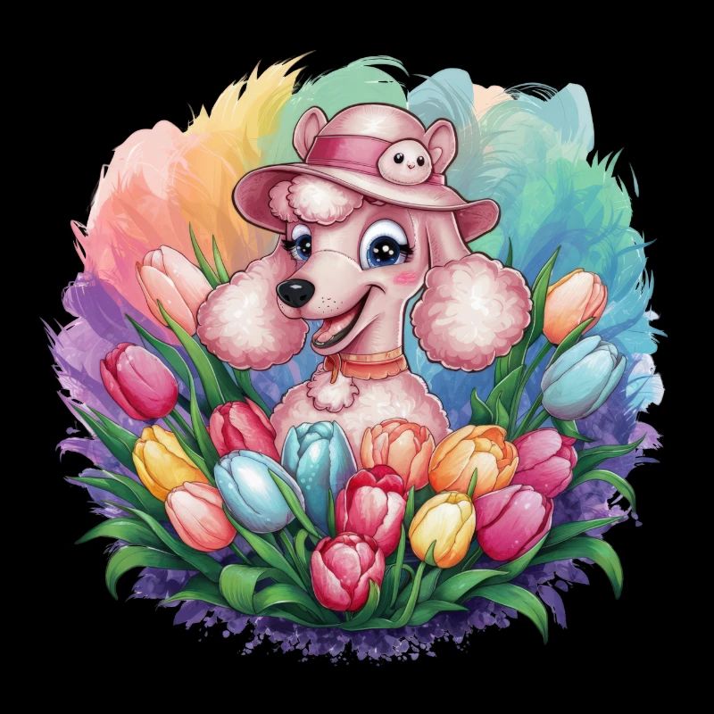 Dessin animé caniche chien avec des orchidées