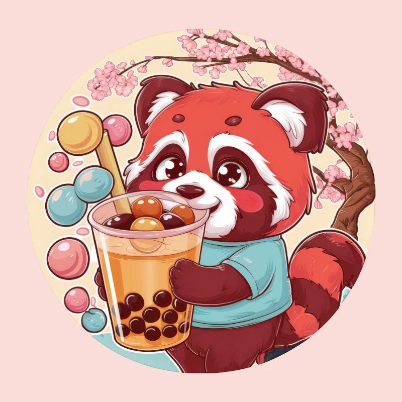 Red Kawaii Panda with Bubble Tea