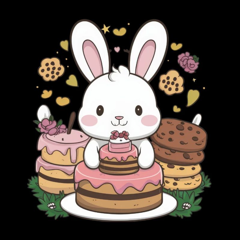 Dessin animé lapin kawaii avec des biscuits et un gâteau