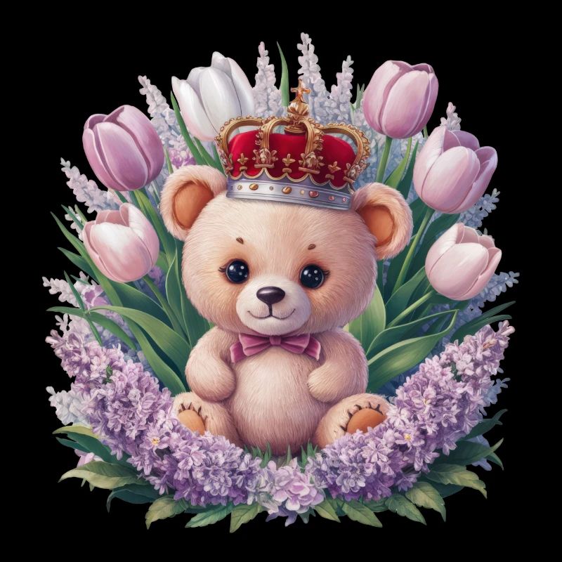 Kawaii Teddy Bear with Crown, Tulips and Lilac