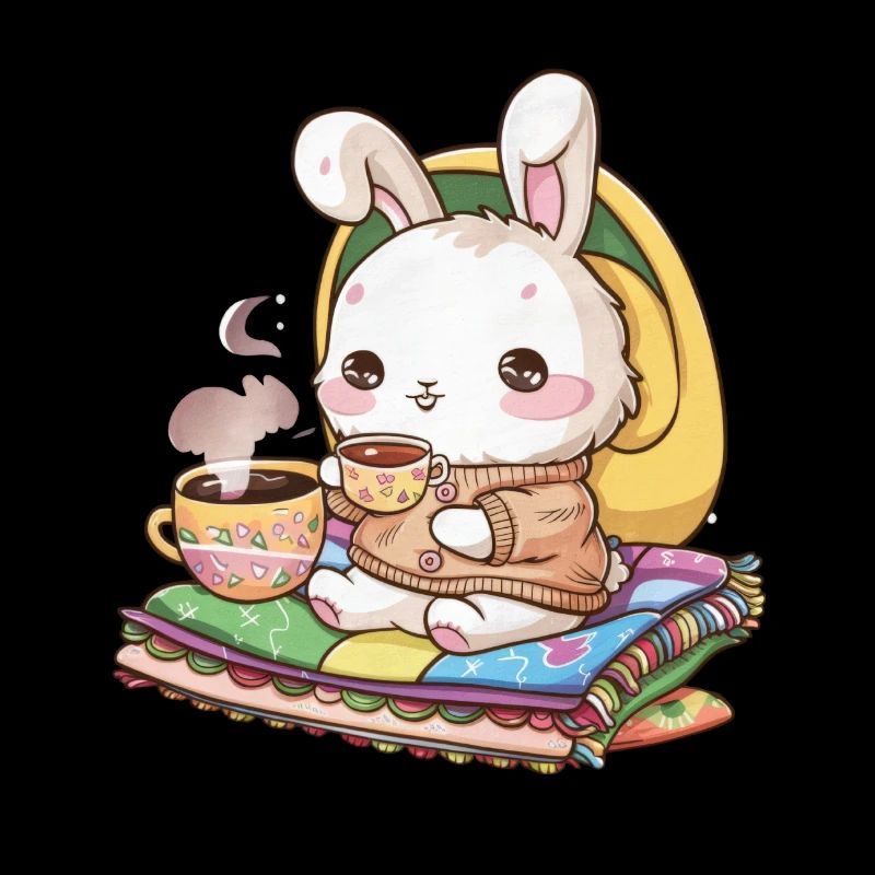 Cuddly Hawaiian bunny with tea and blanket