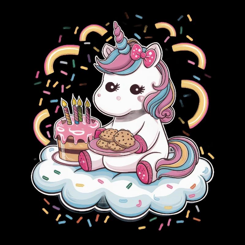 Licorne Kawaii de dessin animé avec des biscuits et un gâteau