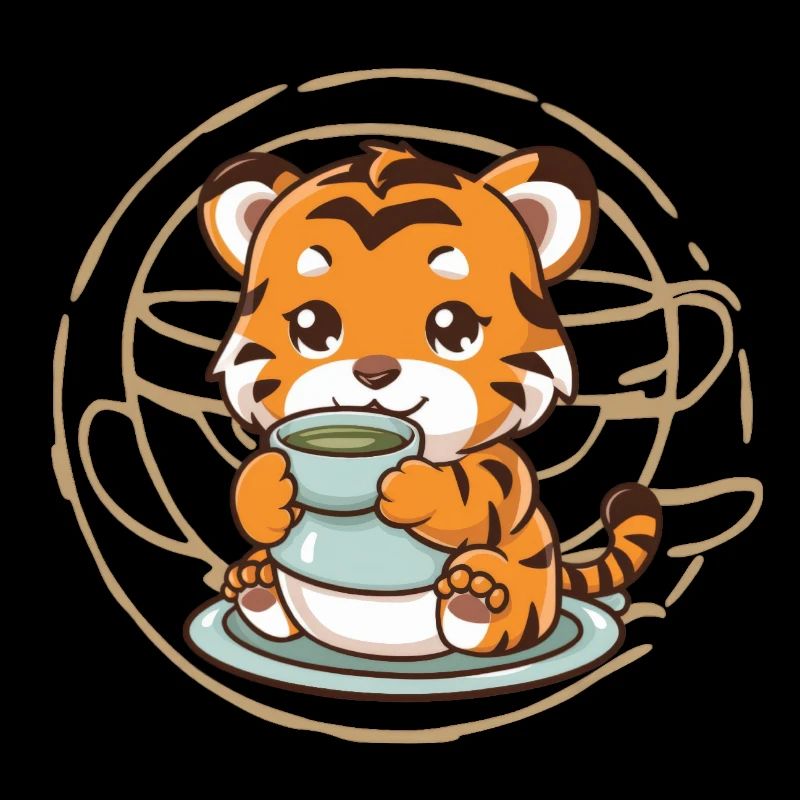 Tigre dans le style dessin animé avec du thé vert