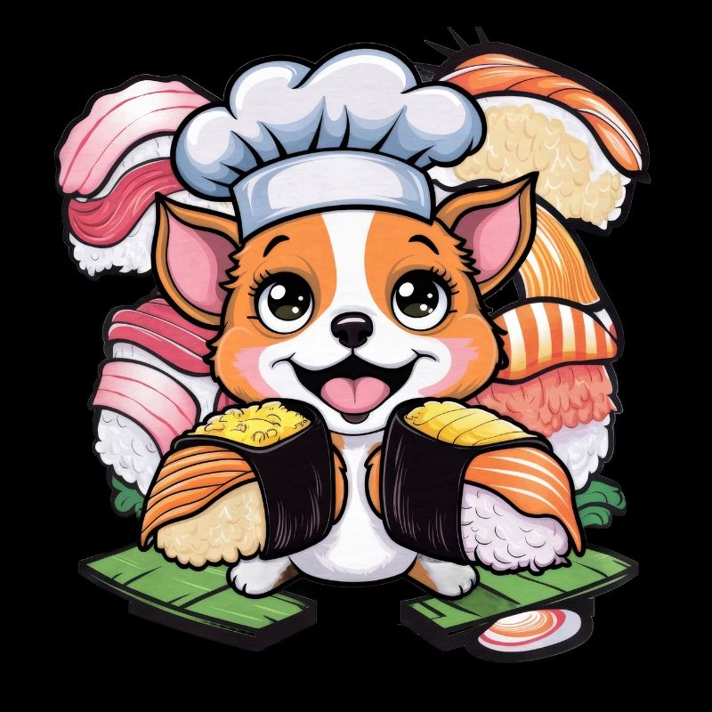 Chien Kawaii mignon avec sushis