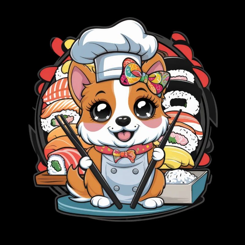 Chien Kawaii mignon avec sushis