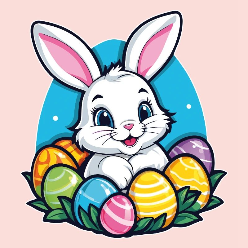 Funny little easter bunny with colorful eggs