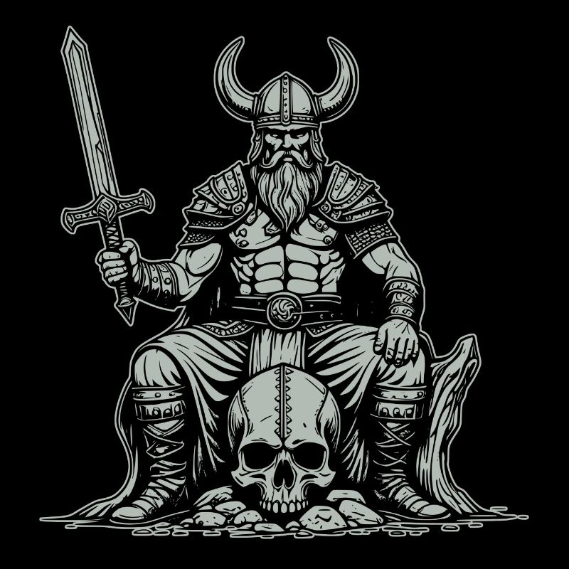 Viking avec une épée sur un crâne