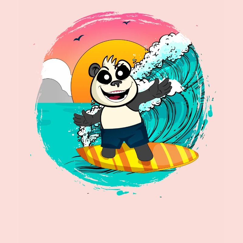 Panda Riding A Surfboard Catching Waves