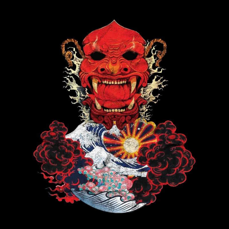 Japanese Red Oni Mask Ogre Troll Cloud Wave