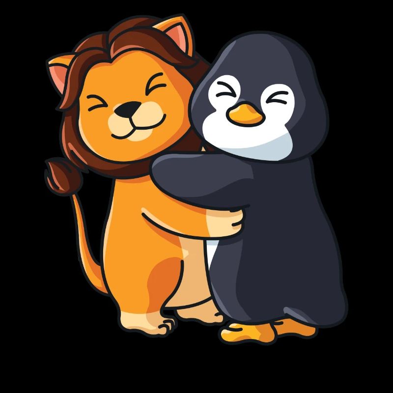 Lion and Penguin cute Hug Cuddle Animals