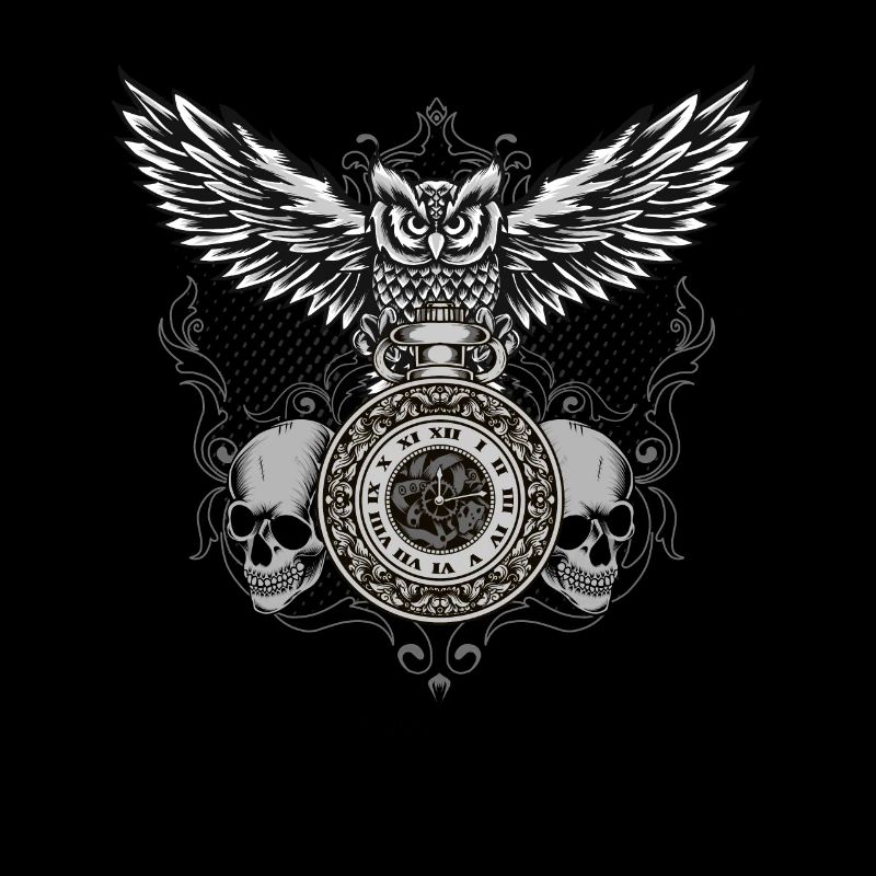 Owl With Clock Skull Time Steampunk Illustration