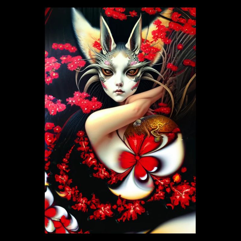 Kitsune fox mask and cherry blossoms