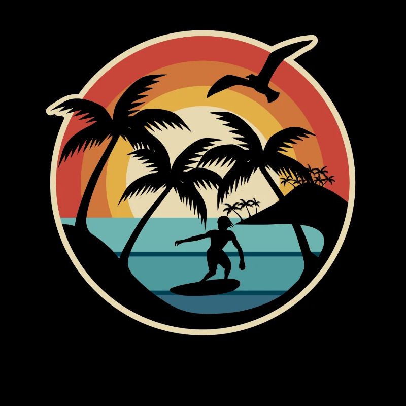 70's 80's surfers under palm trees sunset