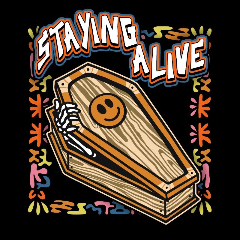 Funny skeleton, comic skeleton with coffin, saying