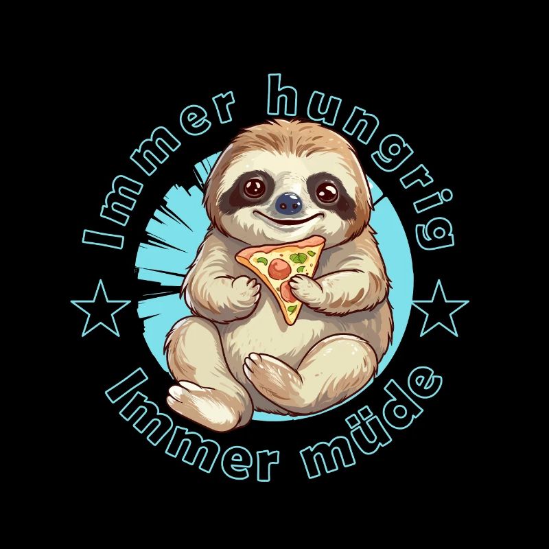 Faultier mit einem Stück Pizza müde und hungrig
