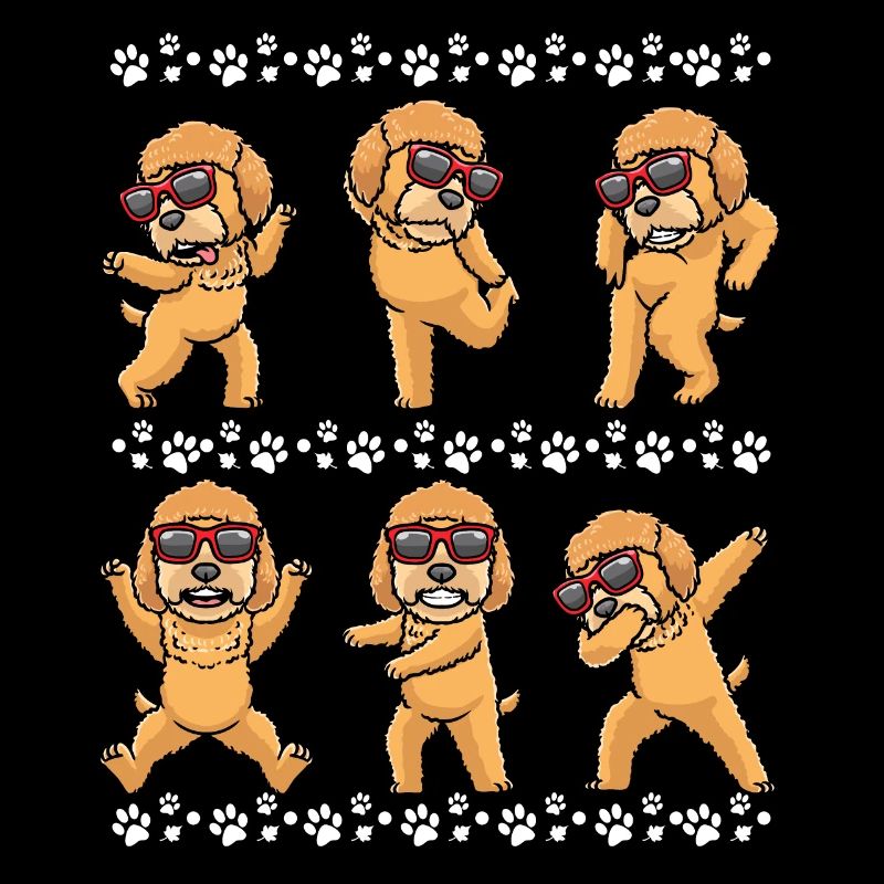 Goldendoodle dog dancing with sunglasses