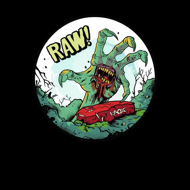 Main de zombie hors de la tombe avec de la viande crue