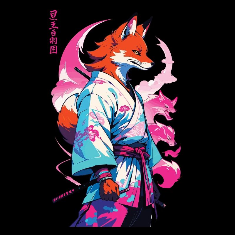 Kitsune Samurai Fuchs Aesthetic Vaporwave Stil